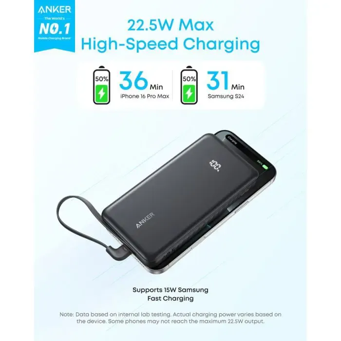 anker zolo powerbank 10000 mah, 22.5w with built-in usb-c cable, black - slika 2