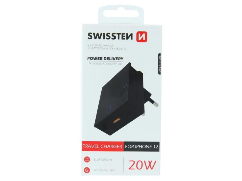 swissten punjač za ac220, 1xusb-c, 3a, 20w, crni - 03100037 - slika 1