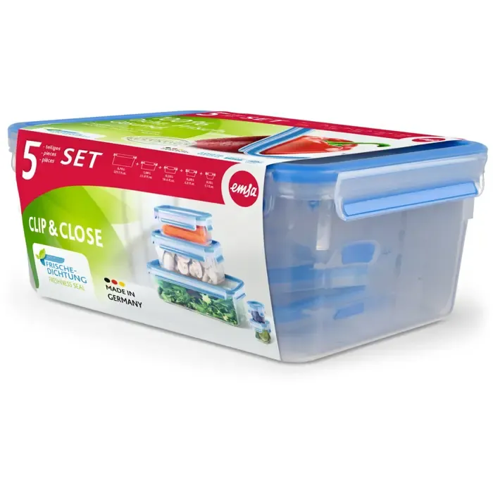 emsa clip & close food storage container set, 5 pieces (transparent/blue, 4 rectangular, 1 round container + 5 lids) - slika 2