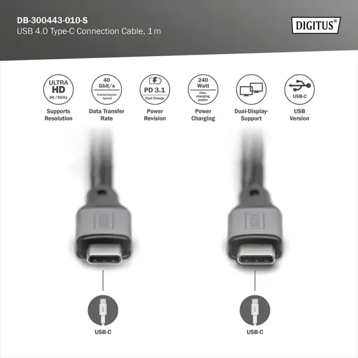 digitus usb4 gen 3x2 cable, usb-c male > usb-c male, 40gbit/s (black/gray, 1 meter, pd 3.1, charging with 240 watts) - slika 5