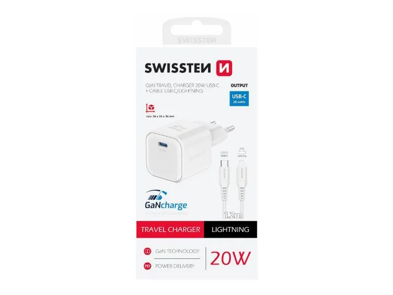 swissten punjač za ac220, gan, 20w, 1xusb-c, 3a, bijeli + lightning kabel - 03100049 - slika 1
