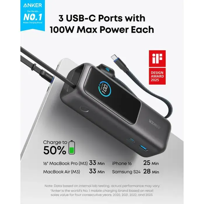 anker powerbank 25000 mah z vgrajenim kablom usb-c, 165w, črn - slika 2