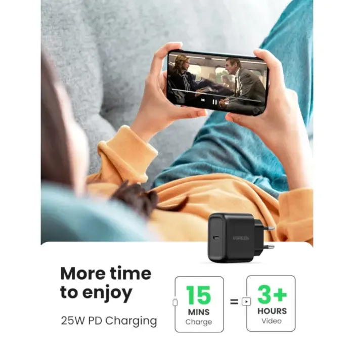 ugreen punjač, 25w, usb-c pd + kabel c-c, crni, 2m - slika 3