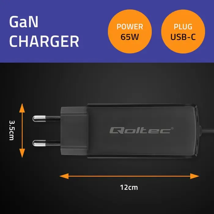 qoltec 52419 65w gan super fast charger| 5-20v | 3-3.25a | usb-c 3.1 - slika 2