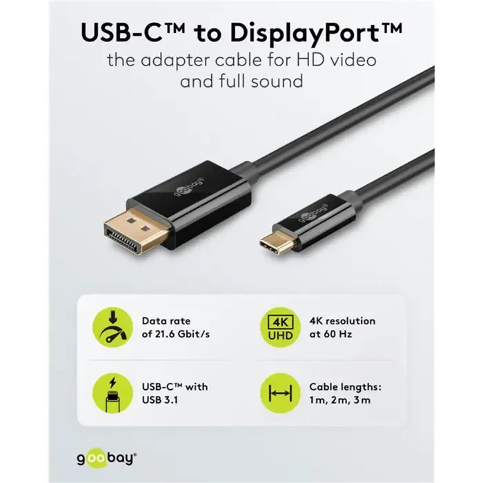 goobay usb adapter cable, usb-c male > displayport male, 4k 60hz (black, 2 meters, 21.6 gbit/s) - slika 5