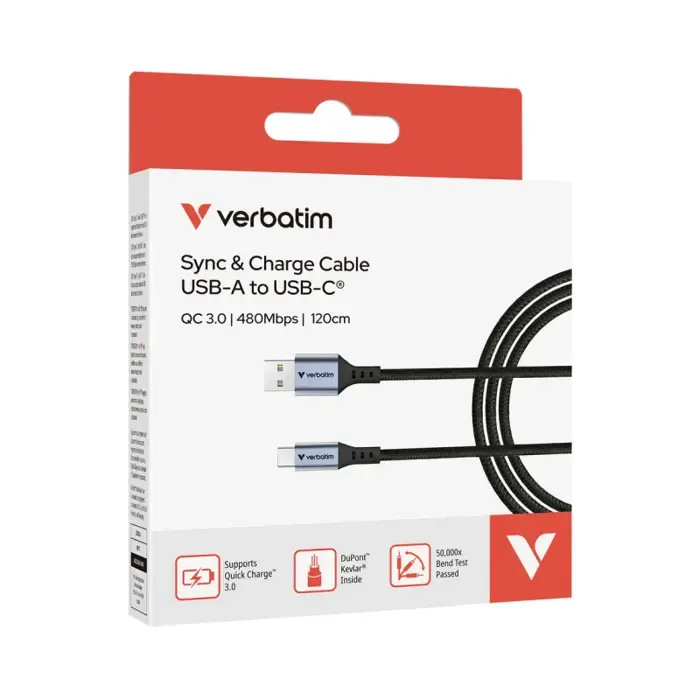 verbatim sync & charge kabel usb-a na usb-c 18w 120 cm - slika 5