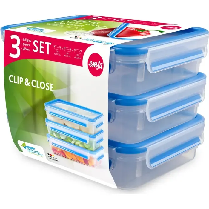 emsa clip & close food storage containers 1.2 liters (transparent/blue, rectangular, 3 pieces) - slika 2