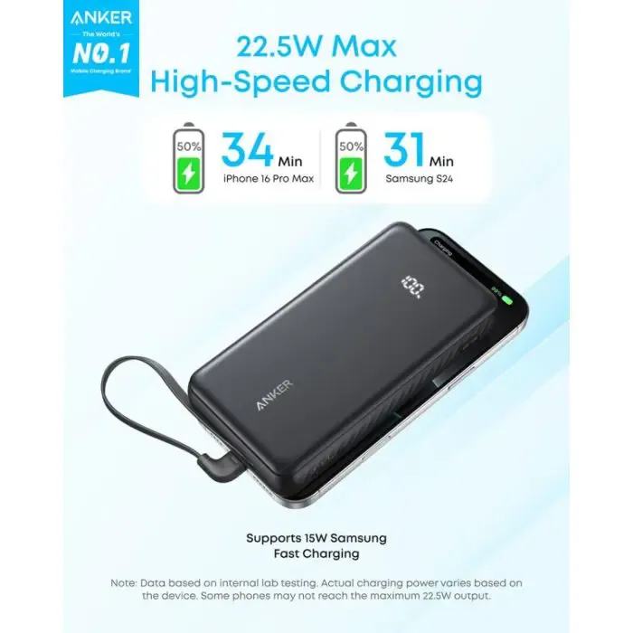 anker zolo powerbank 20000 mah, 22.5w with built-in usb-c cable, black - slika 2