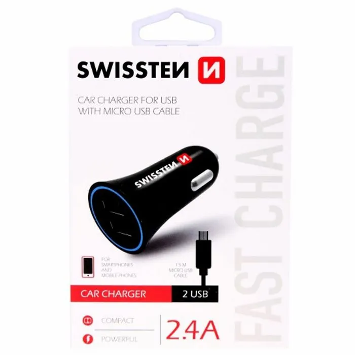 swissten punjač za auto, 2xusb, 2.4a, crni + kabel za punjenje usb - microusb - slika 1