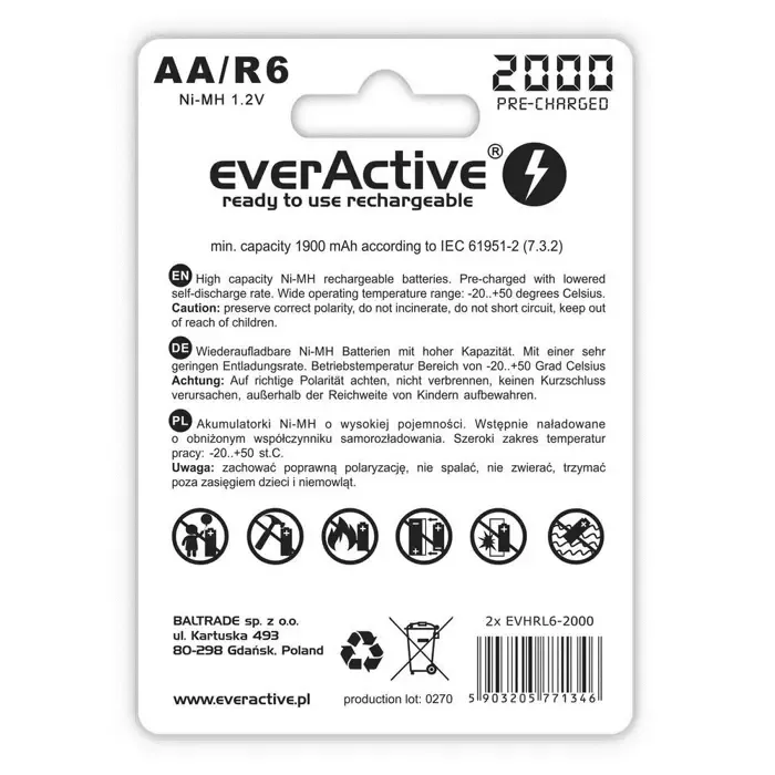 rechargeable batteries everactive ni-mh r6 aa 2000 mah silver line - 2 pieces - slika 2