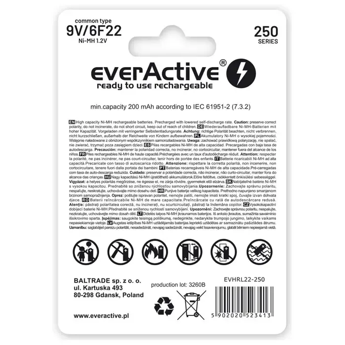 rechargeable batteries everactive ni-mh 6f22 9v 250 mah silver line - slika 2
