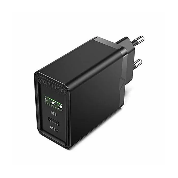 vention 2-port usb (a c) wall charger (18w 20w) eu-plug, black - slika 1