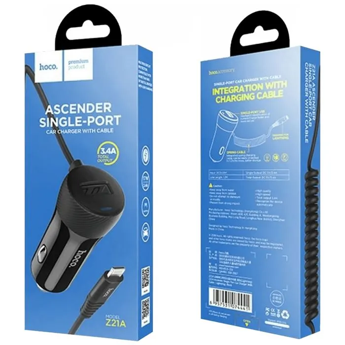 hoco. auto punjač za lightning kabelom, 1 x usb, 2.4 a max. - z21a ascender lightning - slika 2