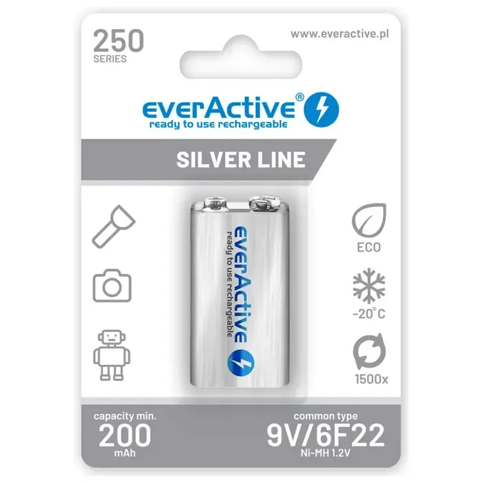 rechargeable batteries everactive ni-mh 6f22 9v 250 mah silver line - slika 1