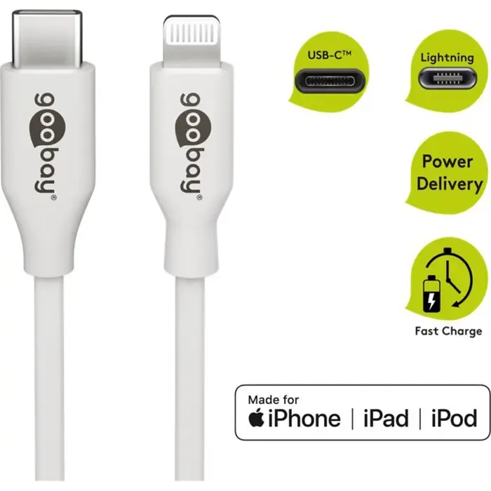 goobay usb 2.0 adapter cable, usb-c plug > lightning plug (white, 1 meter, pd, charging with up to 87 watts) - slika 2