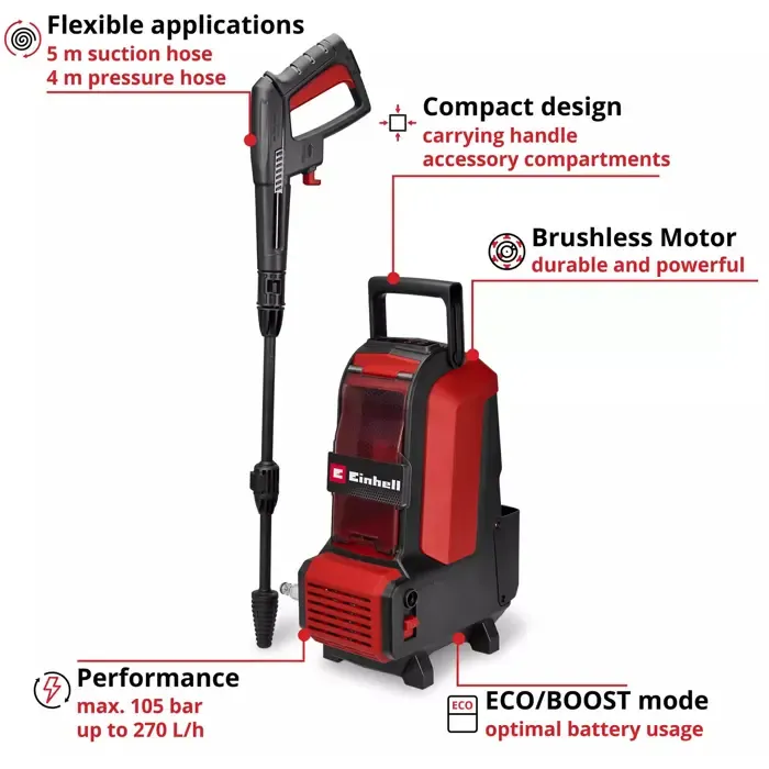 einhell cordless high-pressure cleaner hypresso 36/105 (red/black, without battery and charger) - slika 4
