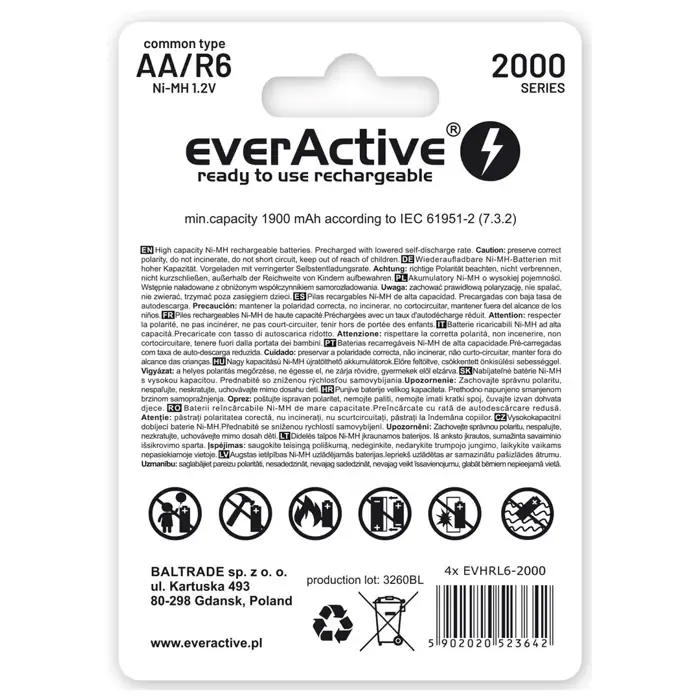 rechargeable batteries everactive ni-mh r6 aa 2000 mah silver line - slika 2