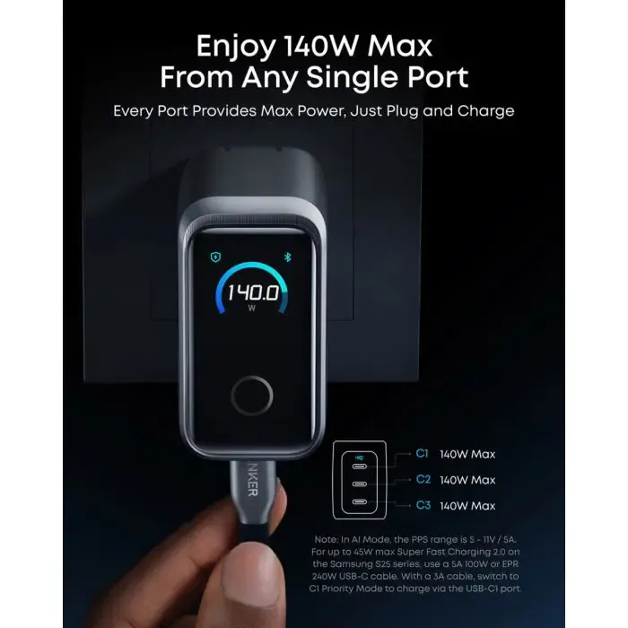 anker prime 100 w gan 3-port charger, smart display, black - slika 4