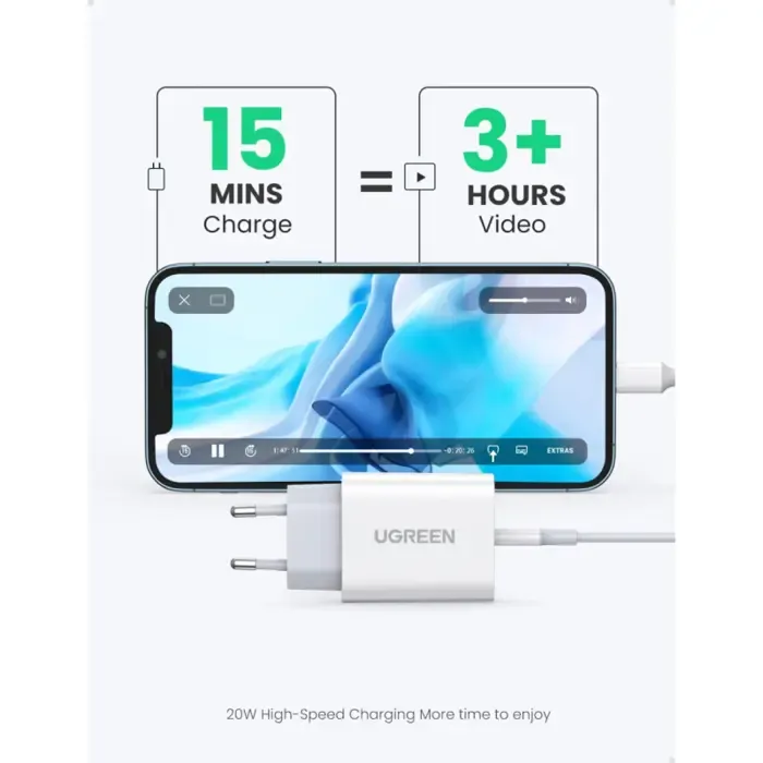 ugreen punjač , 20w, pd fast charger + usb-c na lightning, bijeli, 1m - slika 3