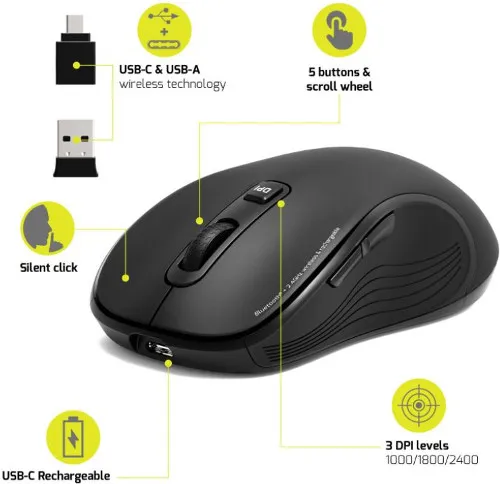 Port miš ESSENTIEL WL+BT, USB-C, punjivi, crni - Karlovac