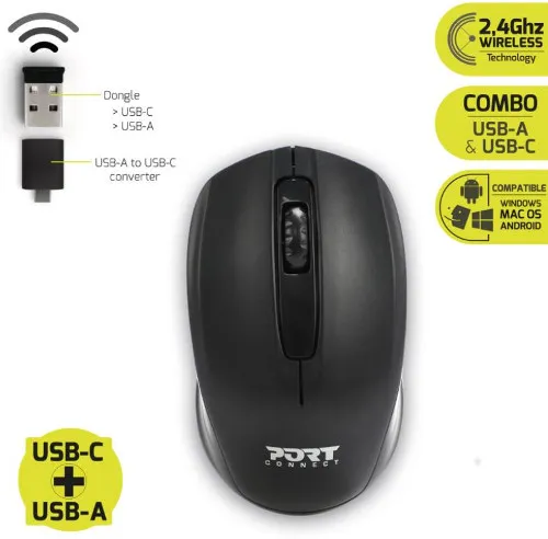 Port miš BUDGET bežični, USB-C & USB-A, crni - Karlovac