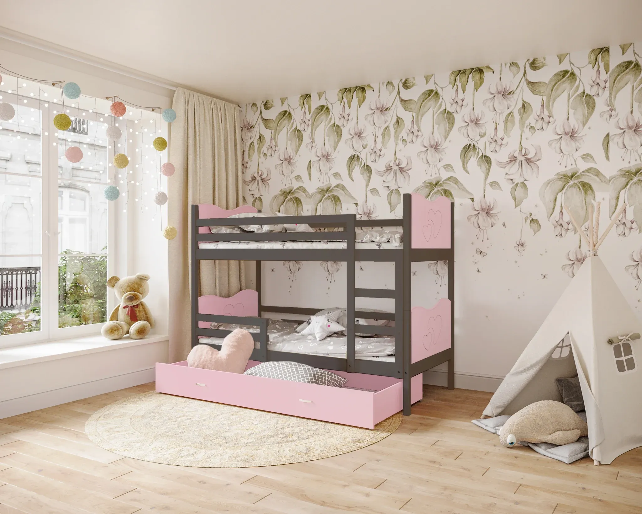 dječji krevet na kat s motivom srca 190×80 – dječje spavaće sobe - slika 3