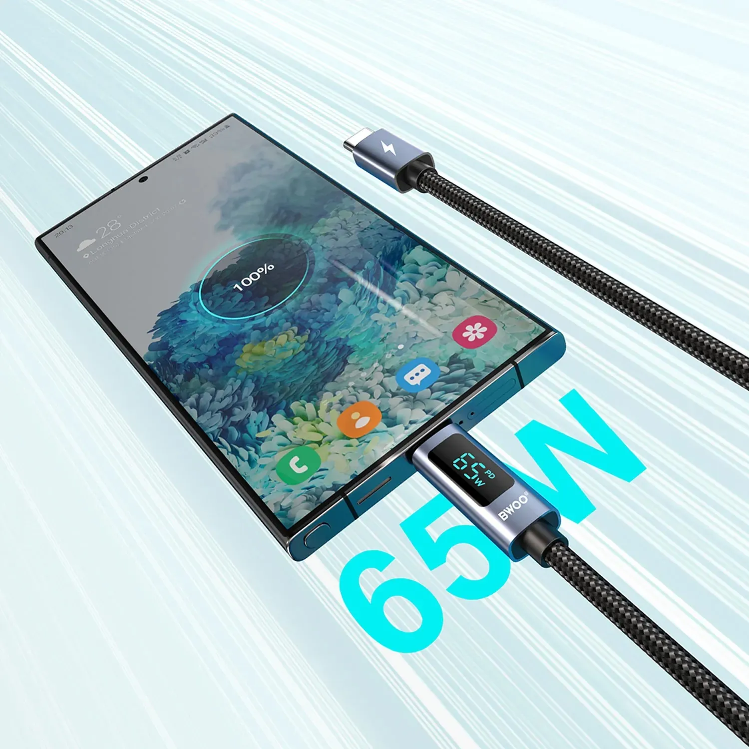 bwoo usb-c na usb-c alu kabel za punjenje s led zaslonom (65w), 1 m - slika 2