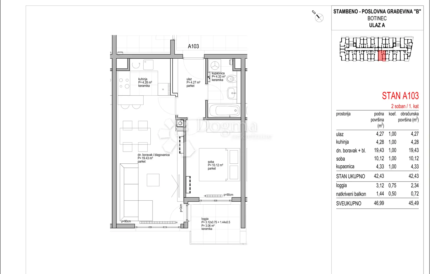 botinec - novogradnja, dvosoban stan 45,49m2, 1.kat - slika 8