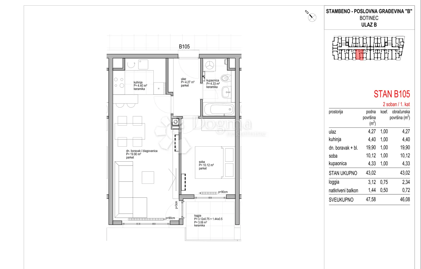 botinec - novogradnja, dvosoban stan 46.08m2, 1.kat - slika 8