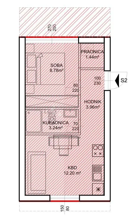 pakoštane - s2 prizemlje s vrtom površine 45,74m2 - slika 2