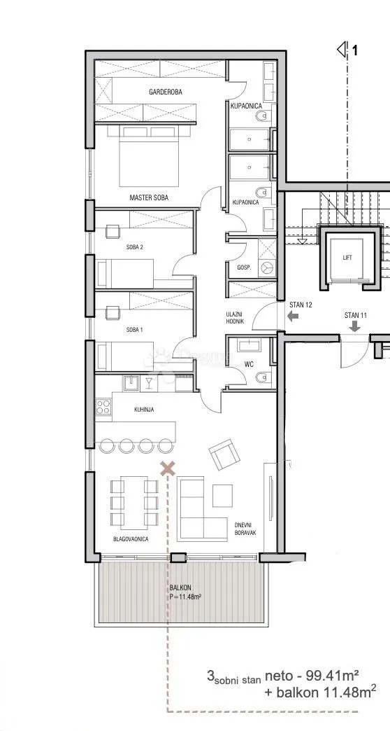s12 – trosoban stan od 99,41 m² s balkonom od 11,48 m² na drugom katu i panoramskim pogledom - slika 5
