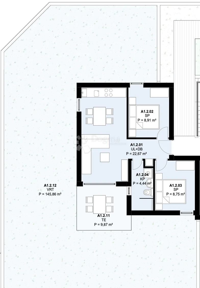a1.2 – kaštel novi; novogradnja, 2s stan s velikim vrtom (146 m²), lođa, pogled na more, parking, odlična lokacija - slika 6