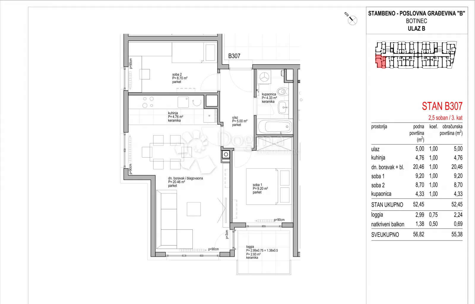 botinec - novogradnja, trosoban stan 55,38 m2, 3.kat - slika 8