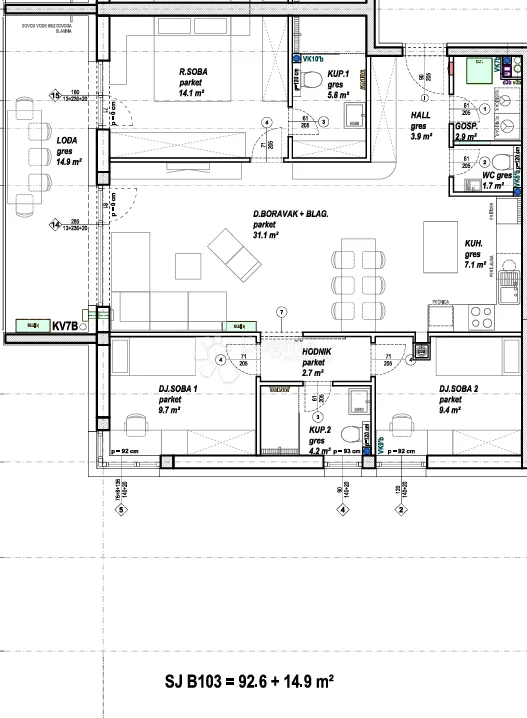 prostran 4-sobni stan 92,6 m² s velikom lođom (14,9 m²) – novogradnja - slika 6