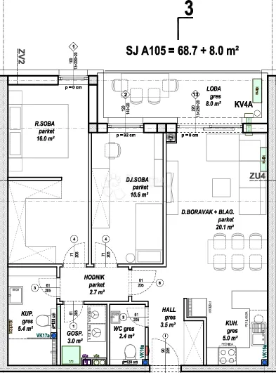 moderan 3-sobni stan 68,7 m² s lođom (8 m²) - slika 6