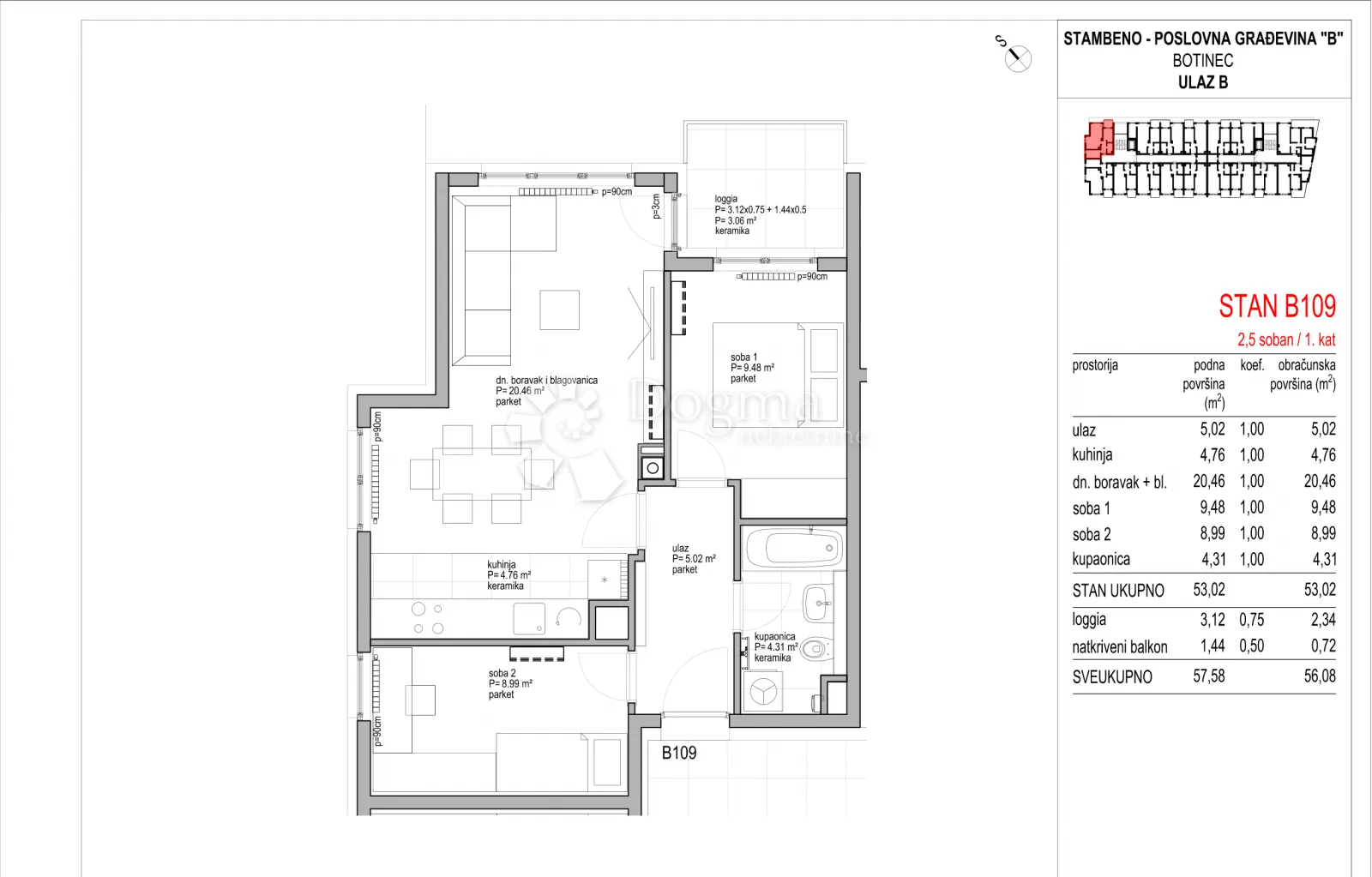 botinec - novogradnja, trosoban stan 56,08 m2, 1.kat - slika 8
