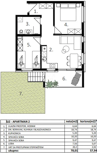 vodice, trosobni stan u prizemlju s vrtom, 78,01 m² - slika 7