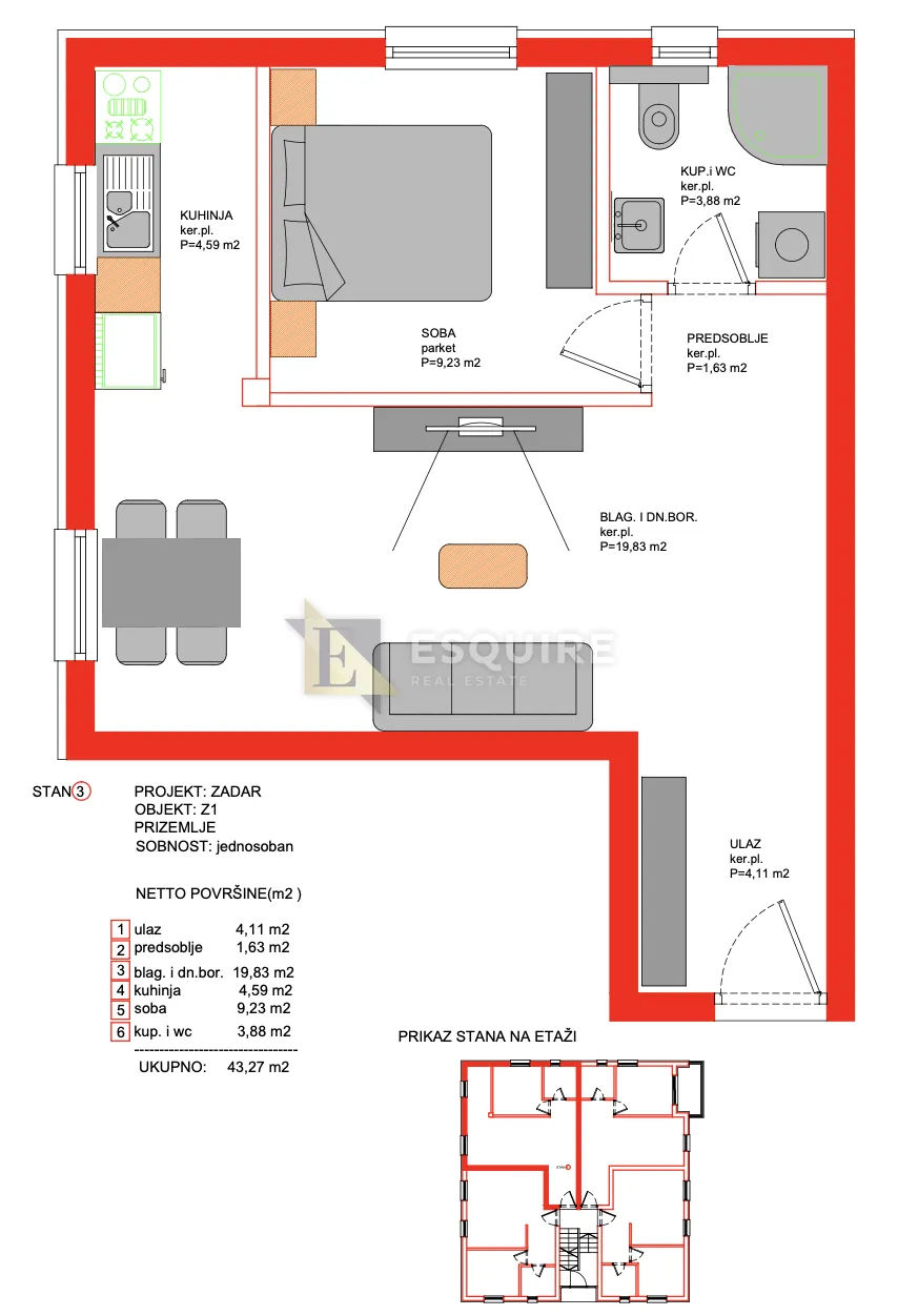 zadar - borik - jednosoban stan s3 u prizemlju - 51m2 - slika 8