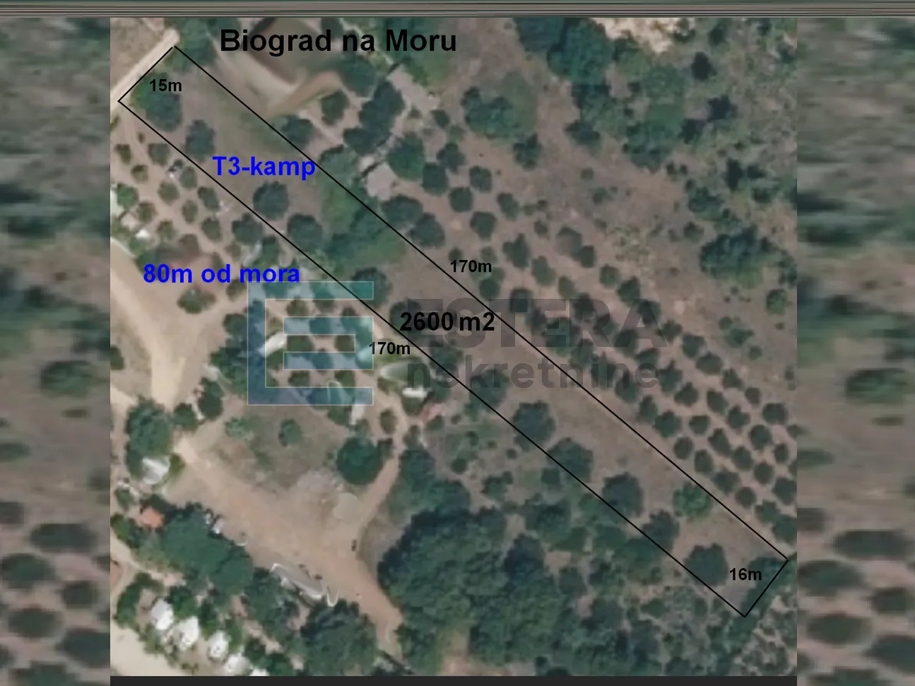 Građevinsko zemljište PRODAJA Biograd na Moru 2600 m2, 80 m od mora, sportsko - rekreativna zona