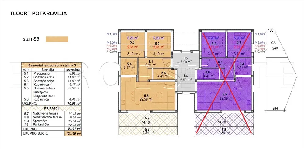 šimuni: novogradnja, 3 - sobni stan, visoko potkrovlje, bruto 121.69 m2, pogled na more - slika 14