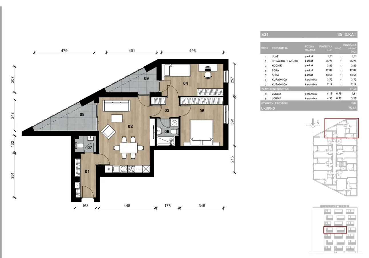 zagreb, vrapče, novogradnja, trosoban stan na trećem katu s dvije loggie, 75,46 m² - slika 4
