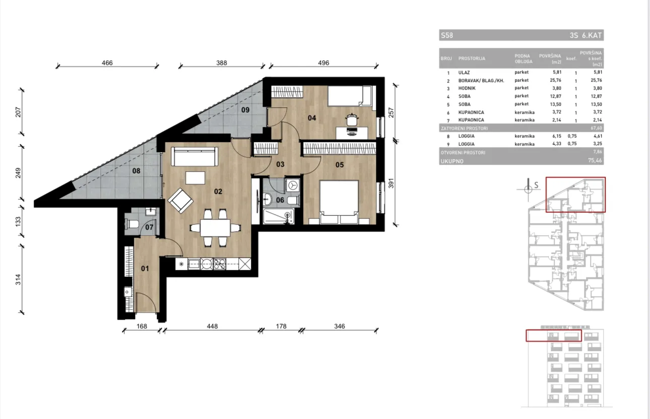 zagreb, vrapče, novogradnja, trosoban stan na prvom katu s dvije loggie, 75,46 m² - slika 4