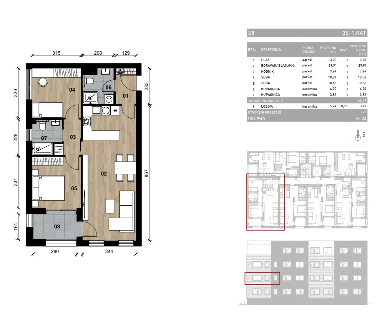 zagreb, dugave, novogradnja, trosoban stan na prvom katu s loggiom, ukupno 69,02 m² - slika 2