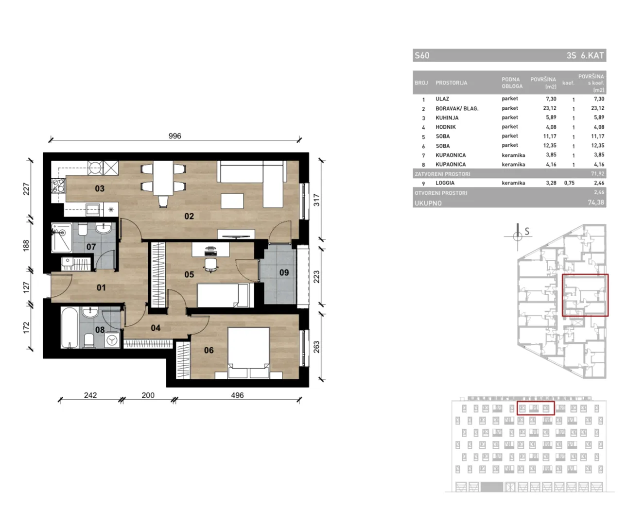 zagreb, vrapče, novogradnja, trosoban stan na šestom katu s loggiom, 74,38 m² - slika 4