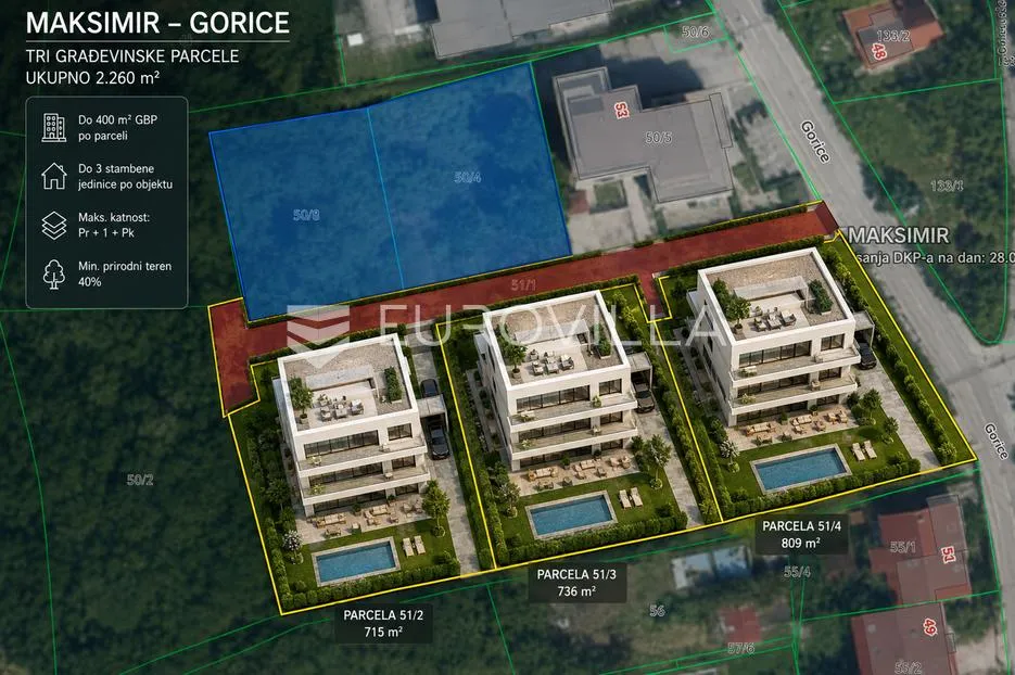 Zagreb, Maksimir, Gorice, građevinsko zemljište za tri luksuzne vile, 2260 m²