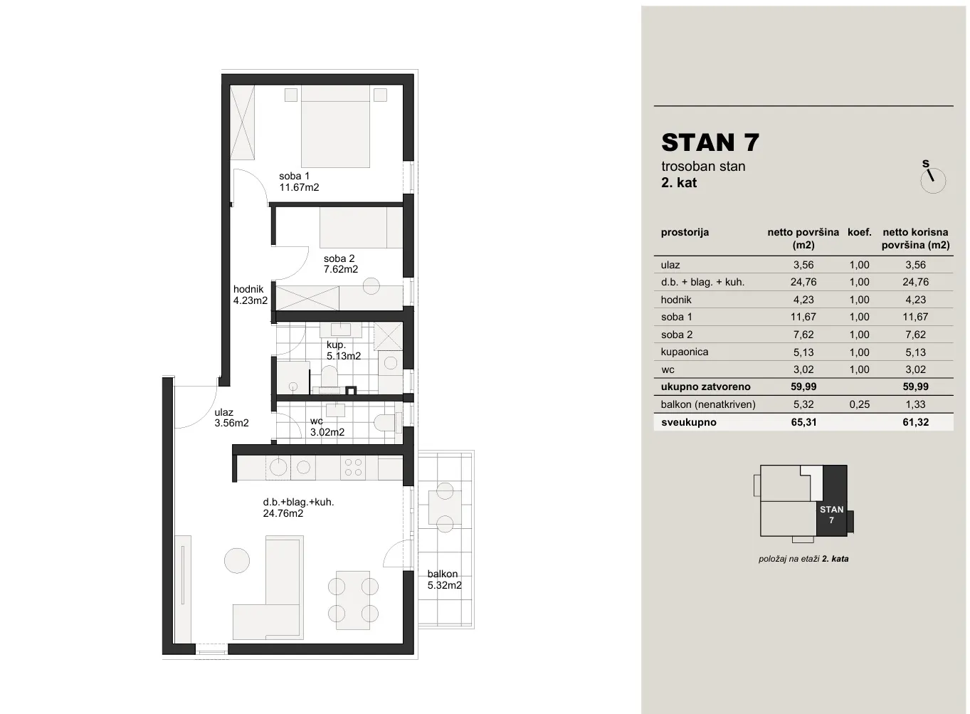 zagreb, hrvatski leskovac trosoban stan 61 m² novogradnja - slika 5