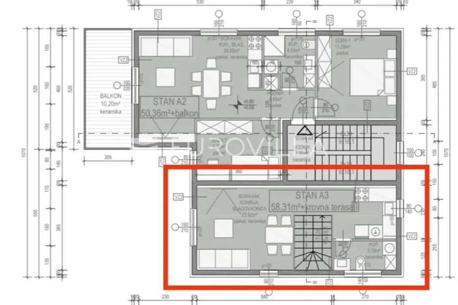zadar, vir – dvoetažni apartman a3 od 58,3 m2 s krovnom terasom od 26,7 m2 - slika 9