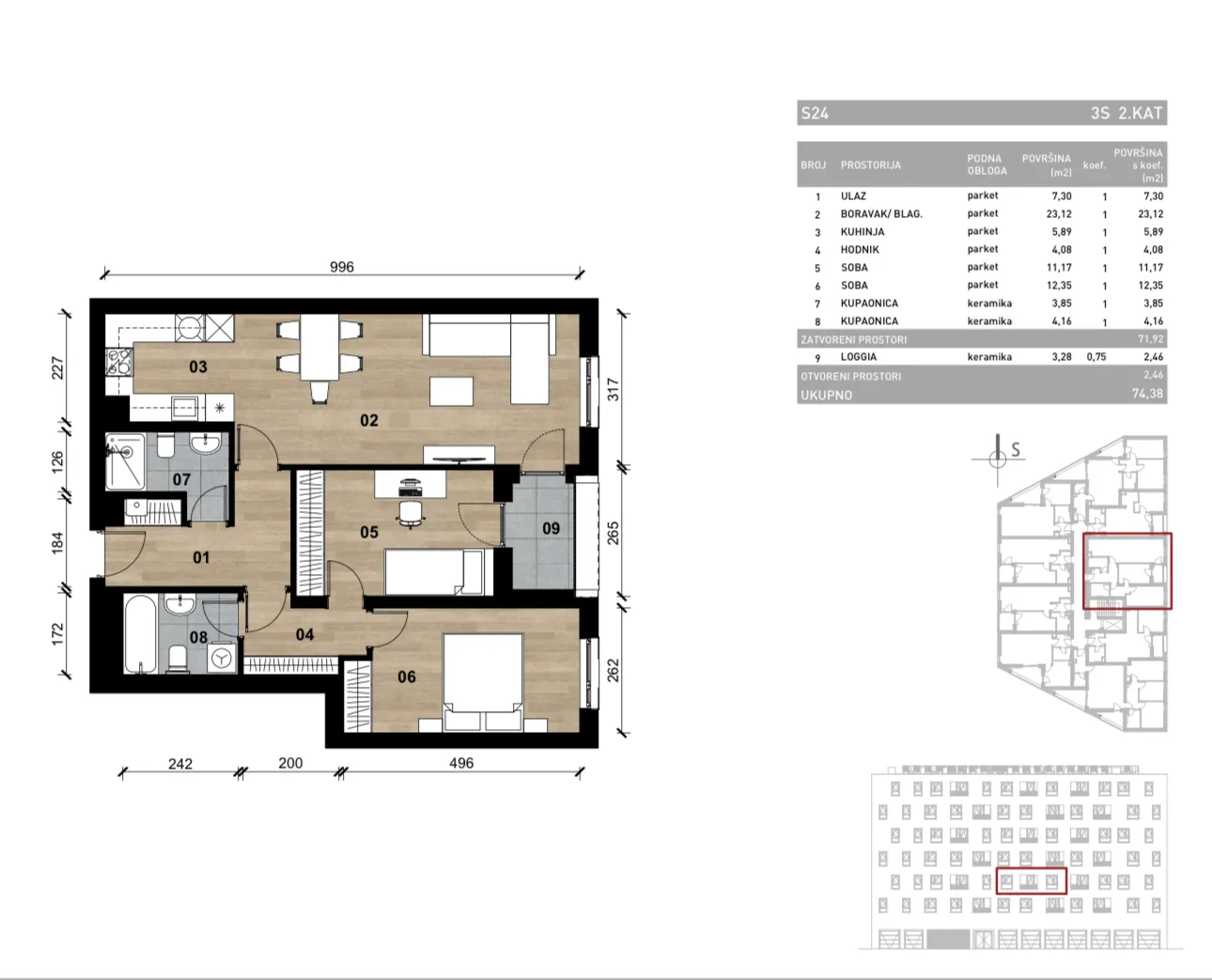 zagreb, vrapče, novogradnja, trosoban stan na drugom katu s loggiom, 74,38 m² - slika 4