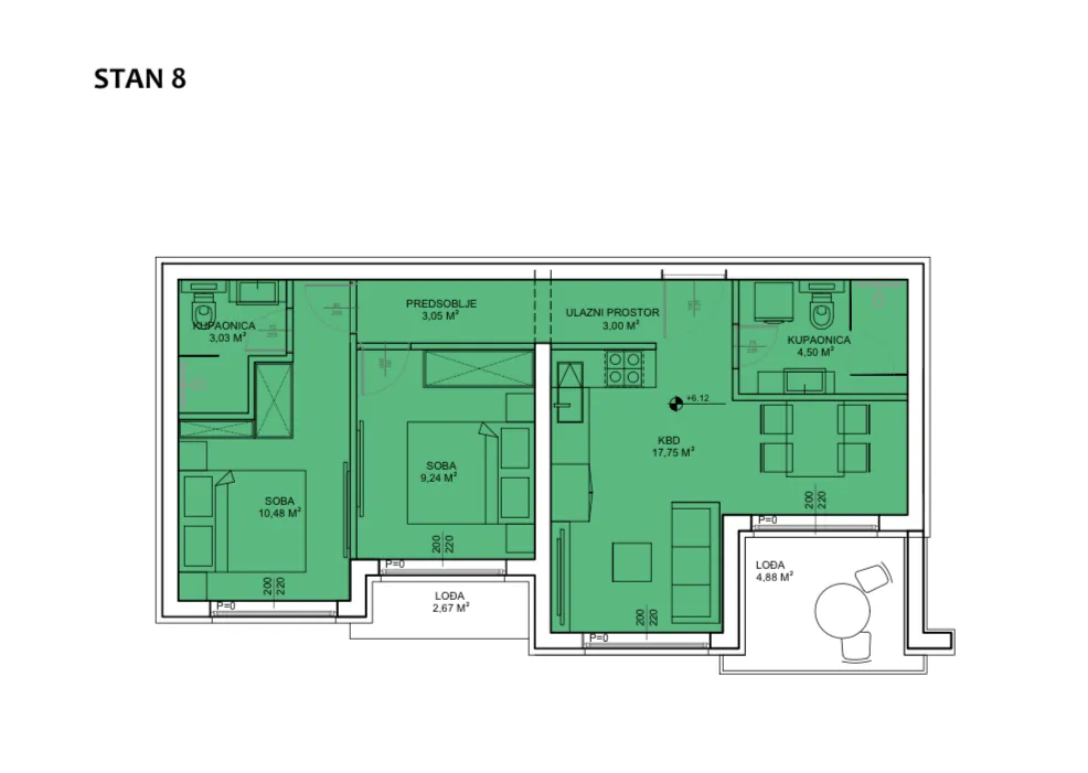 sveti petar na moru, biograd na moru, stan s8 na drugom katu površine 56,71 m² s krovnom terasom - slika 16