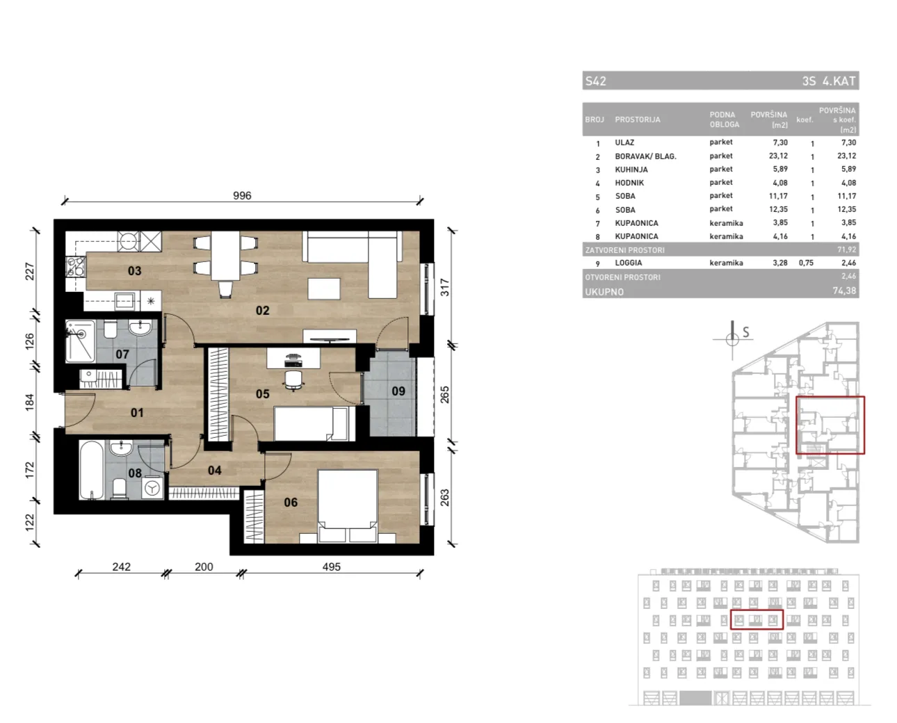 zagreb, vrapče, novogradnja, trosoban stan na četvrtom katu s loggiom, 74,38 m² - slika 4